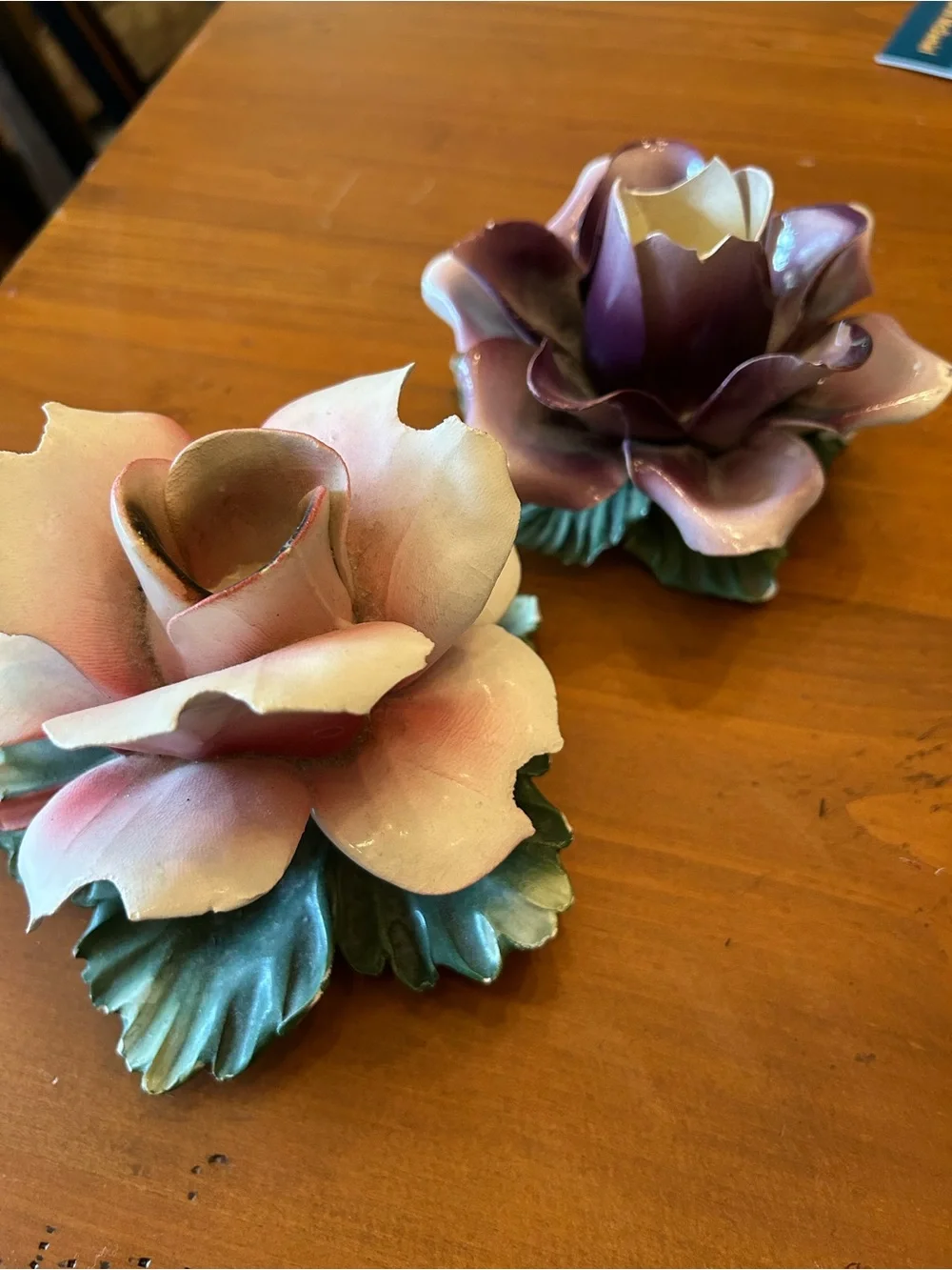 Vintage Italian Porcelain Flower Candle Holders in Pink and Purple - Capodimonte